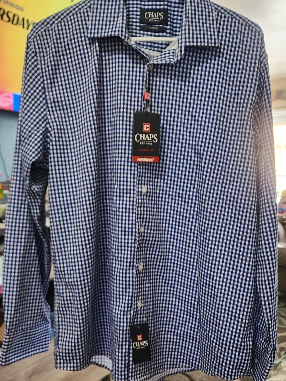 Chaps Men's Navy and White Gingham Button-Down Shirt Sz Lrg NWT